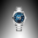 Luxury men's stainless steel watch with blue world map dial on black background
