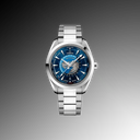 Luxury men's stainless steel watch with blue world map dial on black background