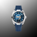 Luxury men's blue watch with world map dial and blue textured strap on black background