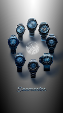 Collection of luxury men's Seamaster watches with stainless steel bracelets on black background.
